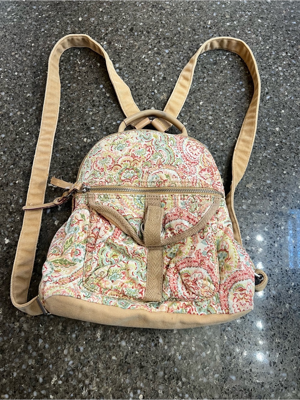 Vintage Fossil Quilted Floral Mini Backpack in Tan, Pink, and Green Y2K 90s